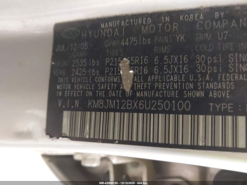 2006 Hyundai Tucson Gl VIN: KM8JM12BX6U250100 Lot: 43908120