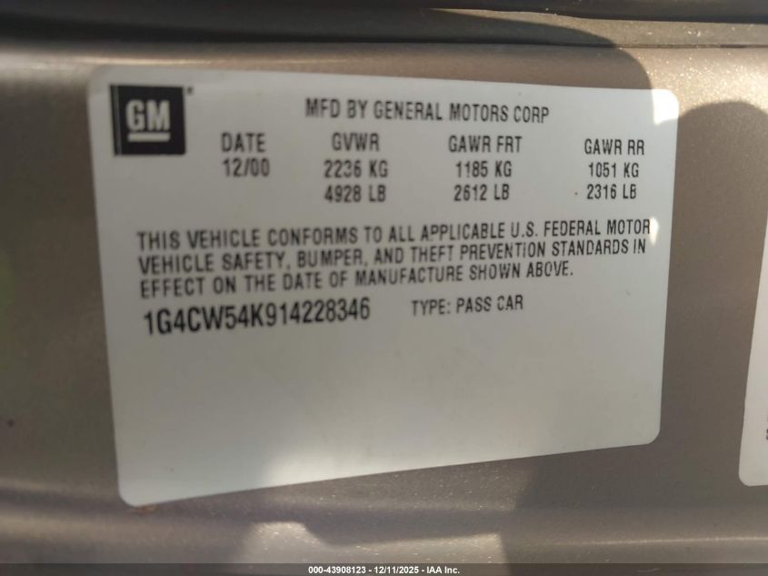 2001 Buick Park Avenue VIN: 1G4CW54K914228346 Lot: 43908123