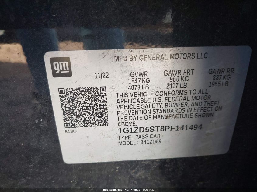 2023 Chevrolet Malibu Fwd 1Lt VIN: 1G1ZD5ST8PF141494 Lot: 43908133