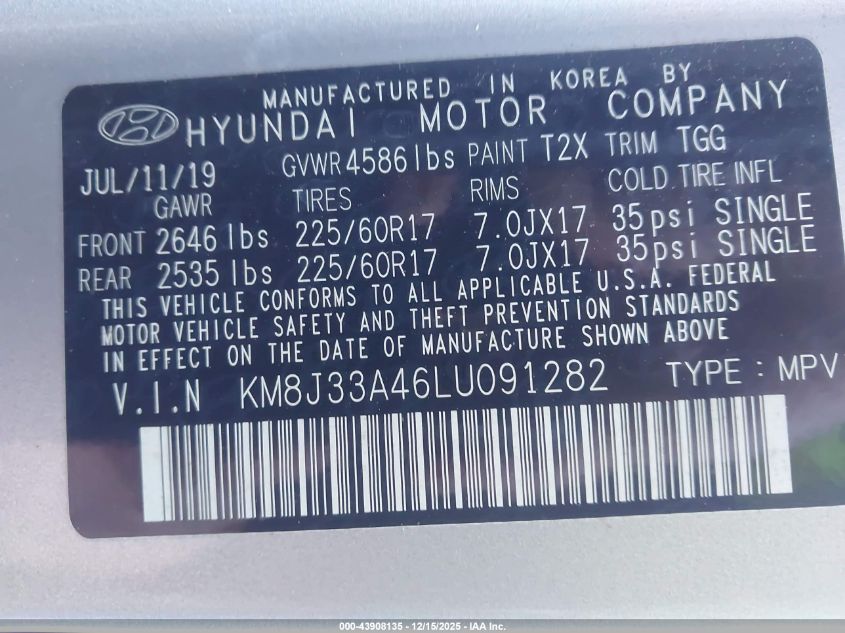 2020 Hyundai Tucson Value VIN: KM8J33A46LU091282 Lot: 43908135