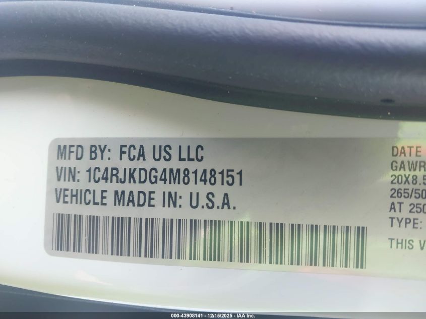 2021 Jeep Grand Cherokee L Overland 4X4 VIN: 1C4RJKDG4M8148151 Lot: 43908141