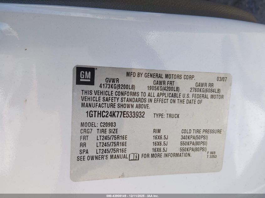 2007 GMC Sierra 2500Hd Work Truck VIN: 1GTHC24K77E533932 Lot: 43908149