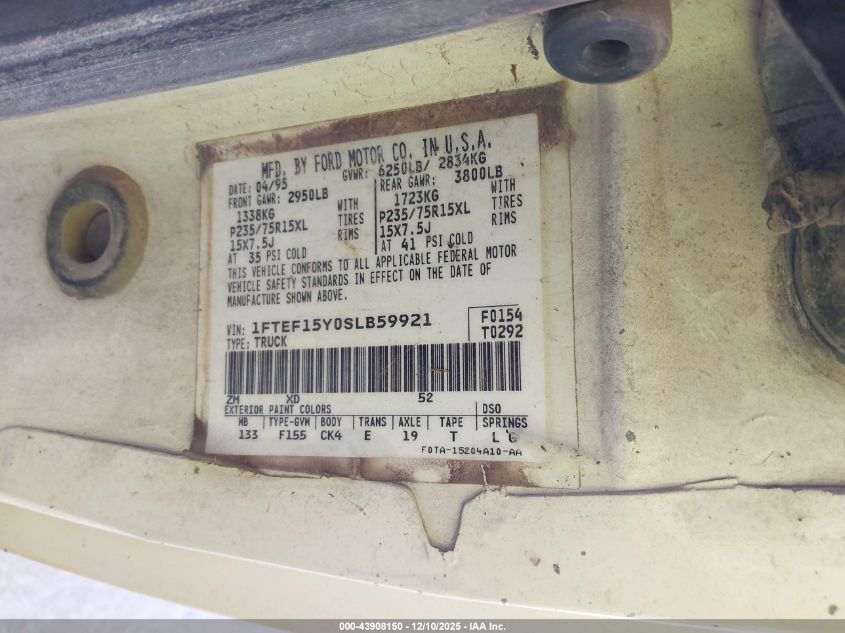 1995 Ford F150 VIN: 1FTEF15Y0SLB59921 Lot: 43908150