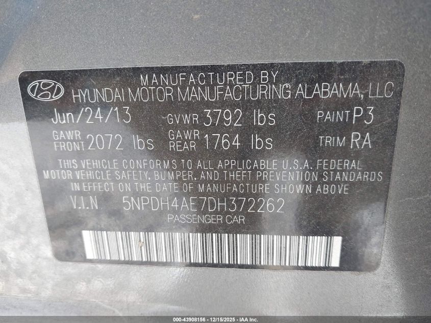 2013 Hyundai Elantra Gls VIN: 5NPDH4AE7DH372262 Lot: 43908156