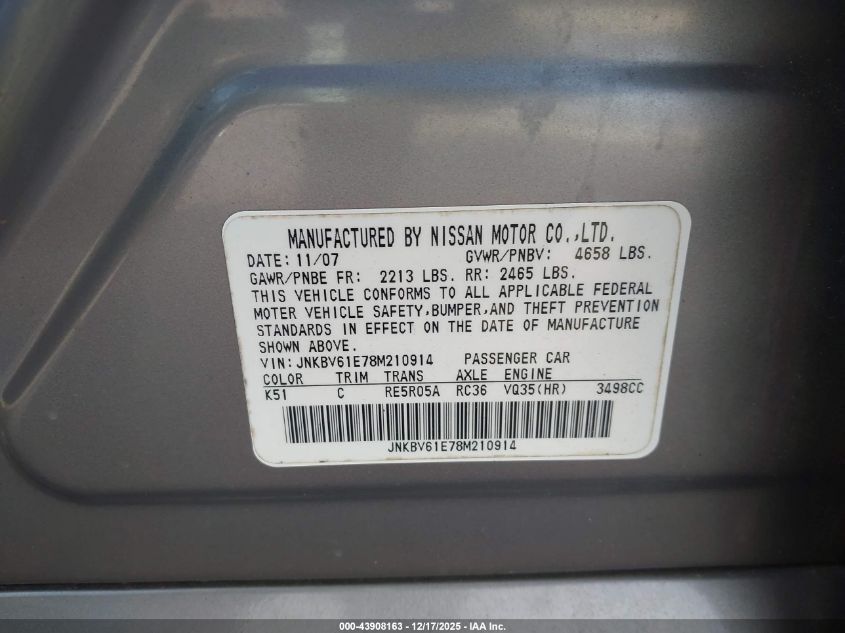 2008 Infiniti G35 Journey VIN: JNKBV61E78M210914 Lot: 43908163