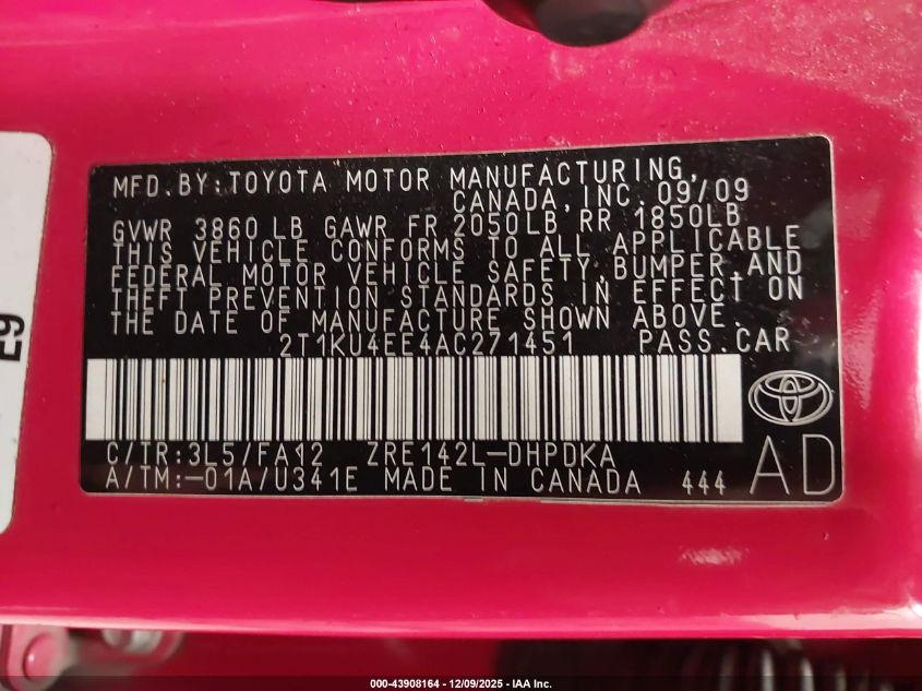 2010 Toyota Matrix VIN: 2T1KU4EE4AC271451 Lot: 43908164