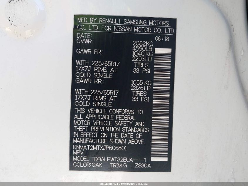 2018 Nissan Rogue S VIN: KNMAT2MTXJP606801 Lot: 43908174