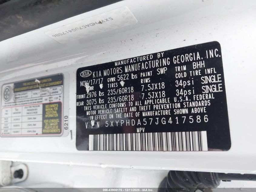 2018 Kia Sorento 3.3L Ex VIN: 5XYPHDA57JG417586 Lot: 43908175