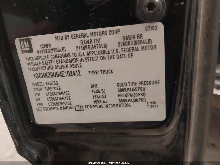 2004 Chevrolet Silverado 2500Hd Ls VIN: 1GCHK29U64E102412 Lot: 43908176