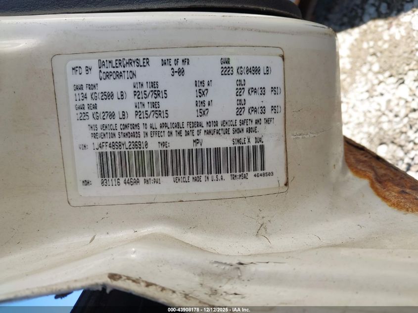 2000 Jeep Cherokee Sport VIN: 1J4FF48S8YL236910 Lot: 43908178