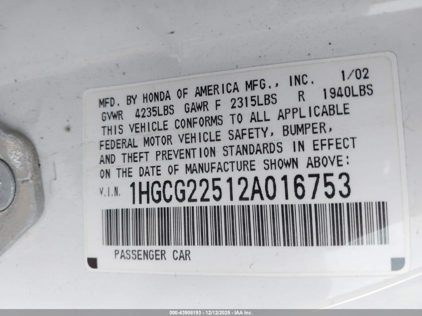 2002 Honda Accord 3.0 Ex VIN: 1HGCG22512A016753 Lot: 43908193
