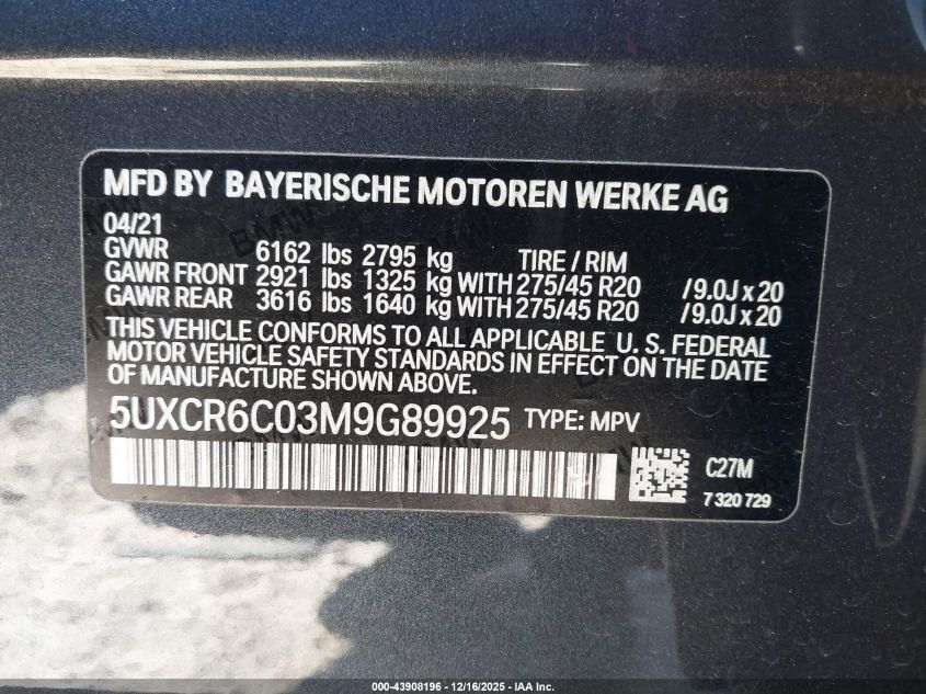 2021 BMW X5 xDrive40I VIN: 5UXCR6C03M9G89925 Lot: 43908196