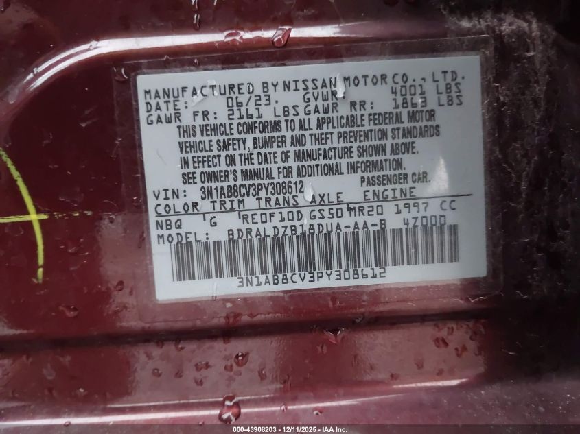 2023 Nissan Sentra Sv Xtronic Cvt VIN: 3N1AB8CV3PY308612 Lot: 43908203