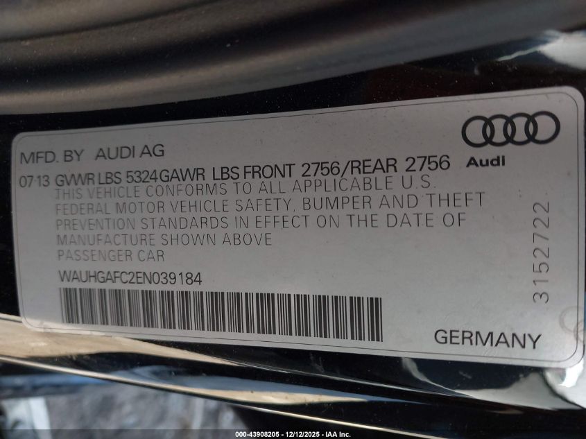 2014 Audi A6 3.0T Premium Plus VIN: WAUHGAFC2EN039184 Lot: 43908205