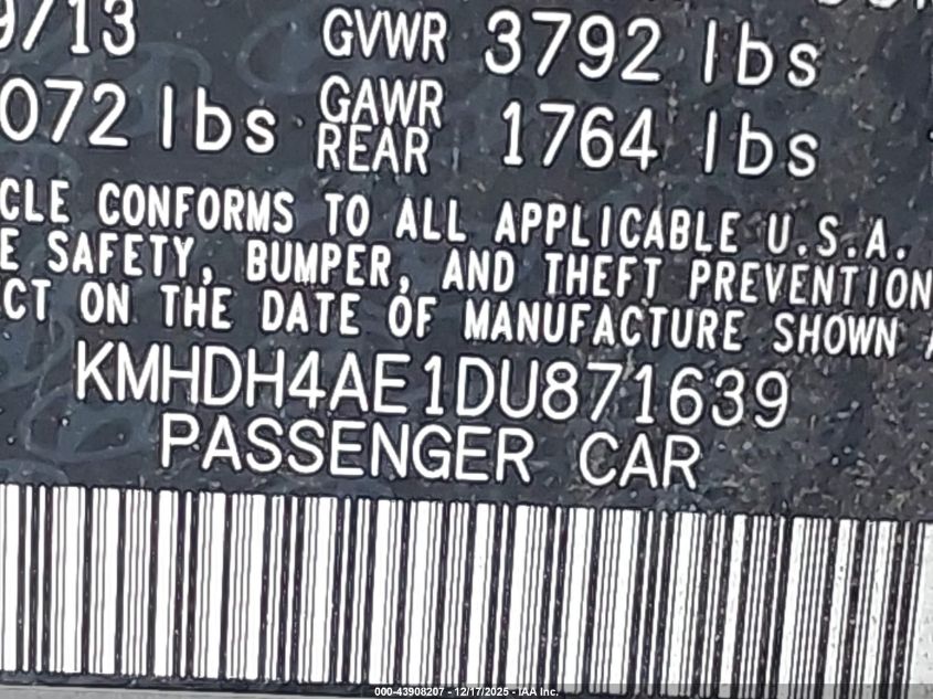 2013 Hyundai Elantra Limited VIN: KMHDH4AE1DU871639 Lot: 43908207