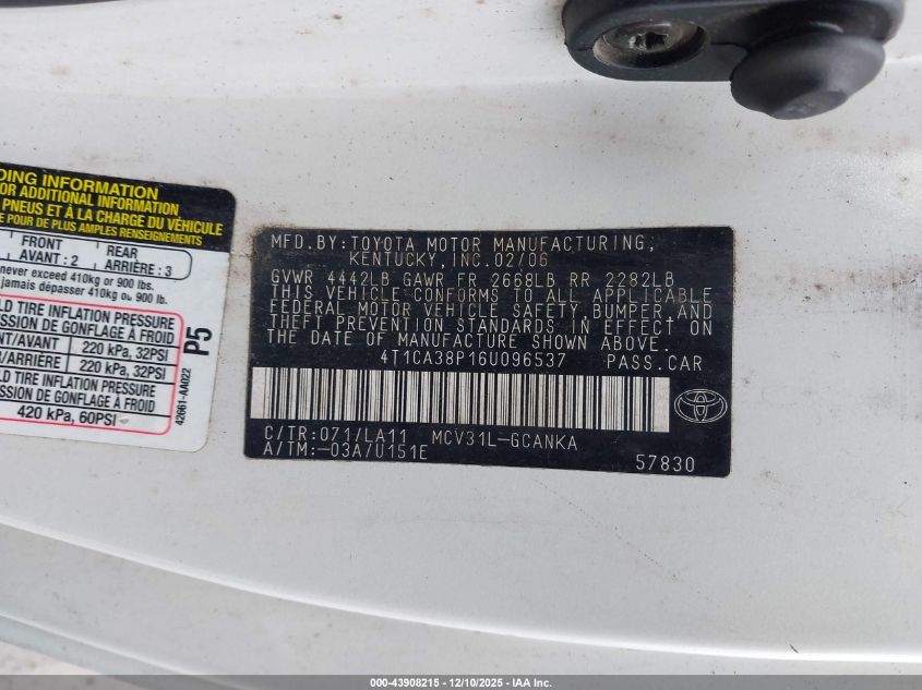 2006 Toyota Camry Solara Se Sport V6 VIN: 4T1CA38P16U096537 Lot: 43908215