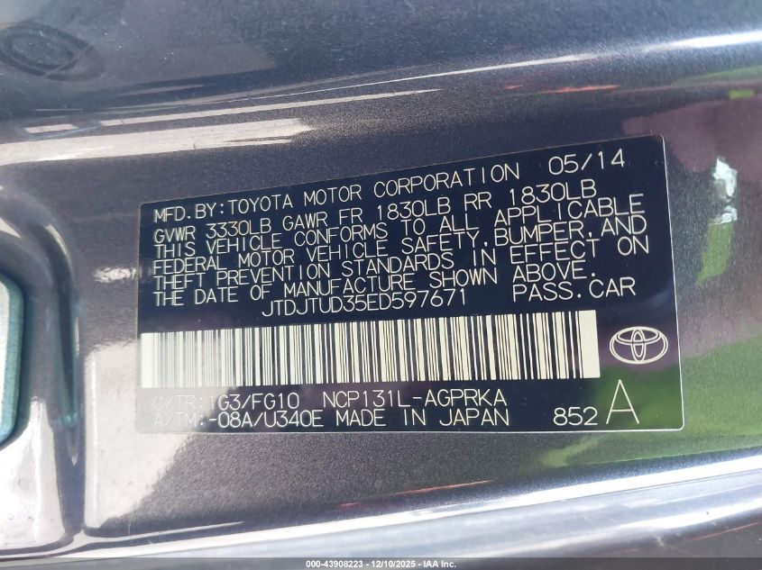 2014 Toyota Yaris L (Tmc/Cbu Plant) VIN: JTDJTUD35ED597671 Lot: 43908223