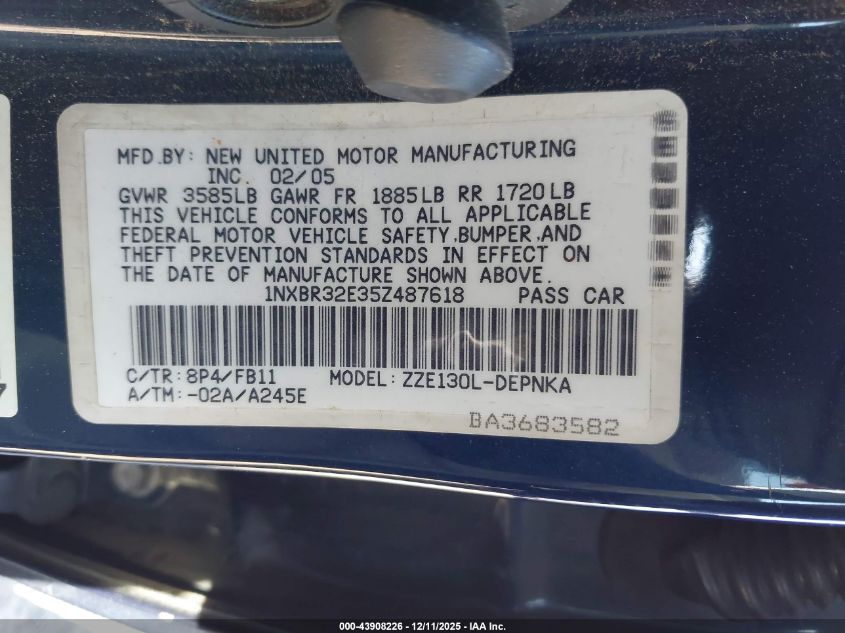 2005 Toyota Corolla Le VIN: 1NXBR32E35Z487618 Lot: 43908226