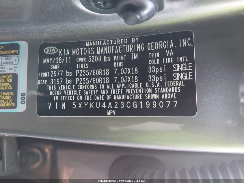 2012 Kia Sorento Ex V6 VIN: 5XYKU4A23CG199077 Lot: 43908233