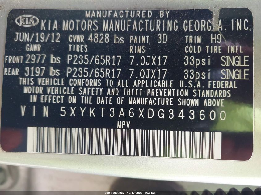 2013 Kia Sorento Lx VIN: 5XYKT3A6XDG343600 Lot: 43908237