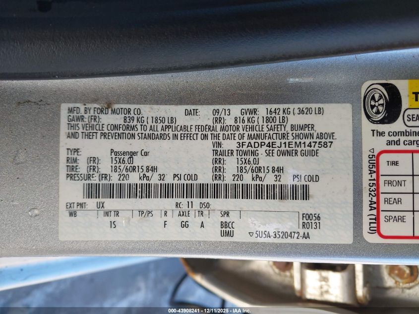 2014 Ford Fiesta Se VIN: 3FADP4EJ1EM147587 Lot: 43908241