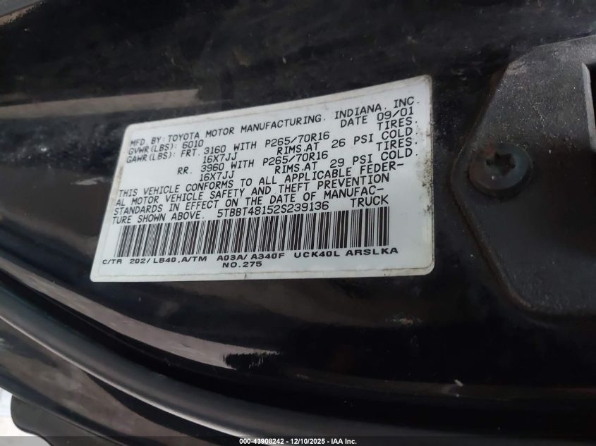 2002 Toyota Tundra Ltd V8 VIN: 5TBBT48152S239136 Lot: 43908242