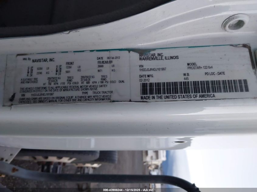 2013 International Prostar VIN: 1HSDJSJR4DJ161997 Lot: 43908244