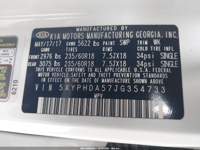 2018 Kia Sorento 3.3L Ex VIN: 5XYPHDA57JG354733 Lot: 43908254