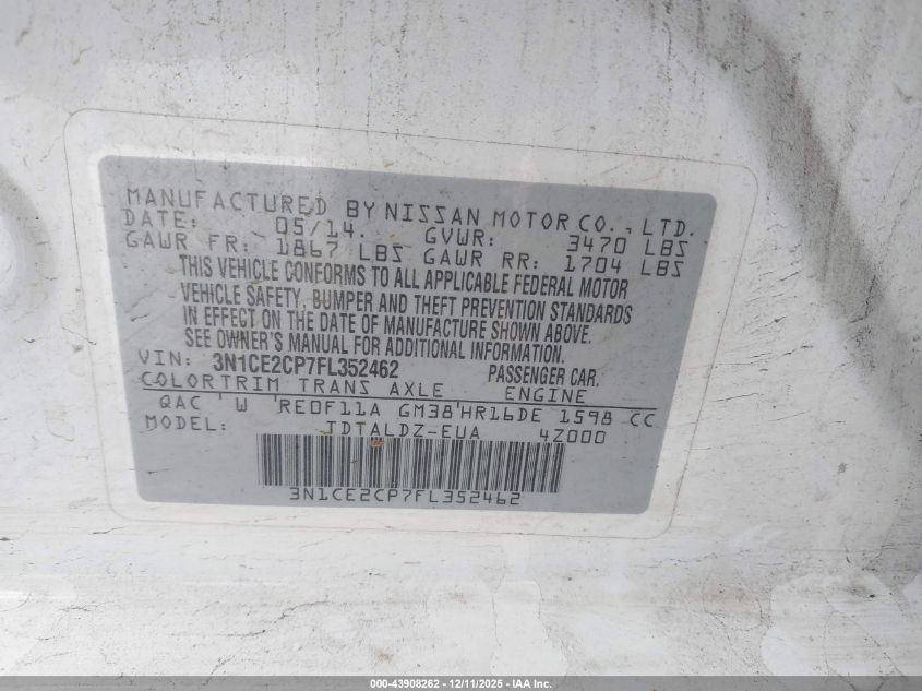 2015 Nissan Versa Note S (Sr)/S Plus/Sl/Sr/Sv VIN: 3N1CE2CP7FL352462 Lot: 43908262