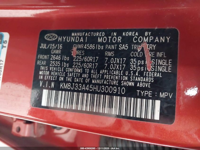 2017 Hyundai Tucson Se VIN: KM8J33A45HU300910 Lot: 43908265