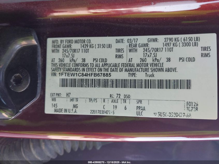 2017 Ford F-150 Xlt VIN: 1FTEW1C84HFB67885 Lot: 43908270