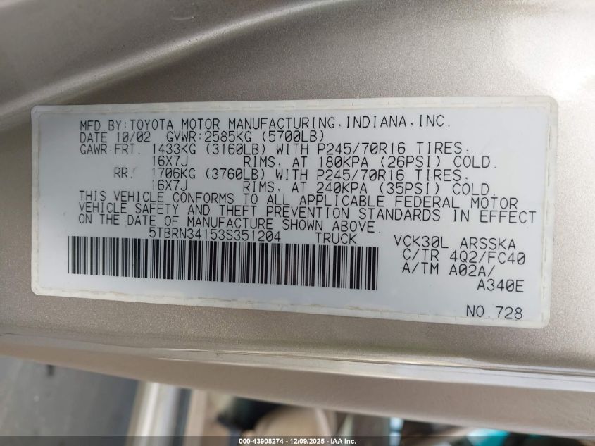 2003 Toyota Tundra Sr5 VIN: 5TBRN34153S351204 Lot: 43908274