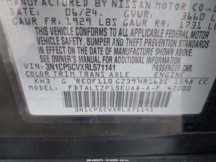 2024 Nissan Kicks Sv Xtronic Cvt VIN: 3N1CP5CVXRL571141 Lot: 43908276