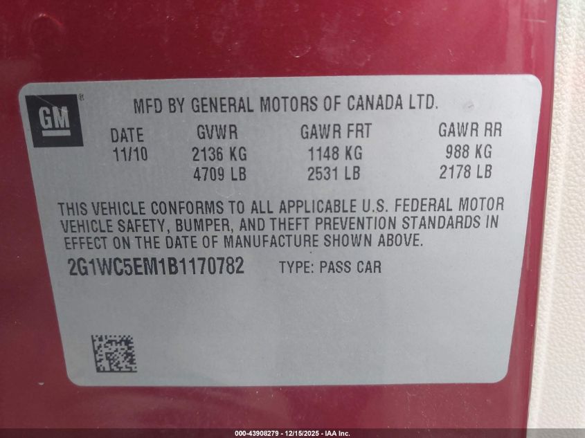 2011 Chevrolet Impala Ltz VIN: 2G1WC5EM1B1170782 Lot: 43908279