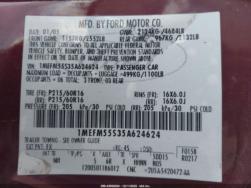 2005 Mercury Sable Ls Premium VIN: 1MEFM55S35A624624 Lot: 43908284