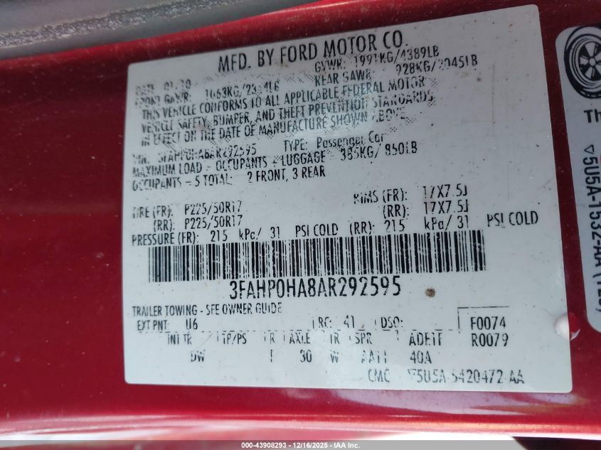 2010 Ford Fusion Se VIN: 3FAHP0HA8AR292595 Lot: 43908293