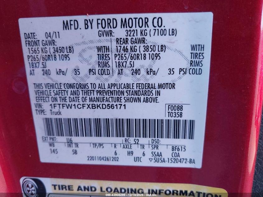 2011 Ford F-150 Fx2 VIN: 1FTFW1CFXBKD56171 Lot: 43908299