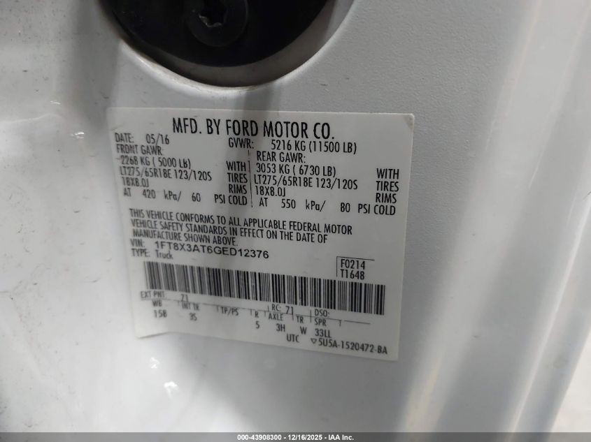 2016 Ford F-350 Xlt VIN: 1FT8X3AT6GED12376 Lot: 43908300