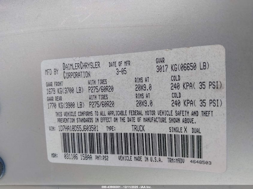 2005 Dodge Ram 1500 Slt/Laramie VIN: 1D7HA18D55J603501 Lot: 43908301