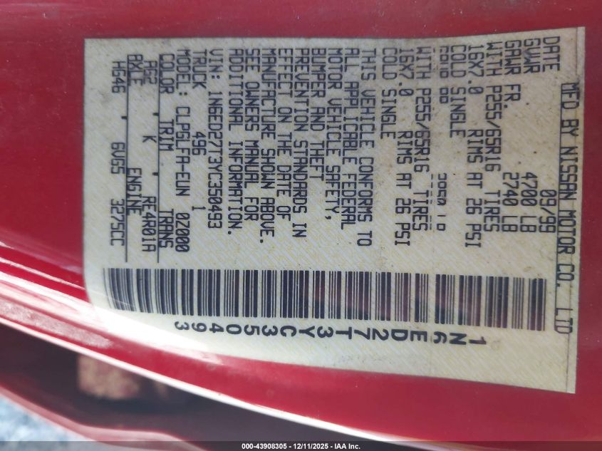 2000 Nissan Frontier Se-V6/Xe-V6 VIN: 1N6ED27T3YC350493 Lot: 43908305