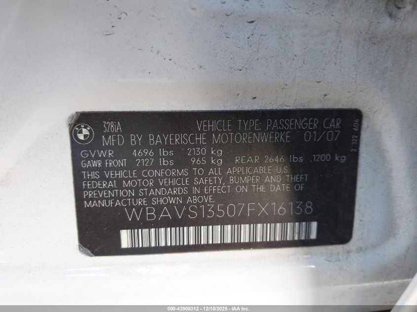 2007 BMW 328I VIN: WBAVS13507FX16138 Lot: 43908312