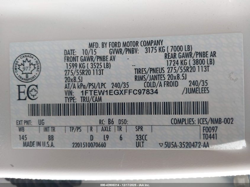 2015 Ford F-150 Platinum VIN: 1FTEW1EGXFFC97834 Lot: 43908314