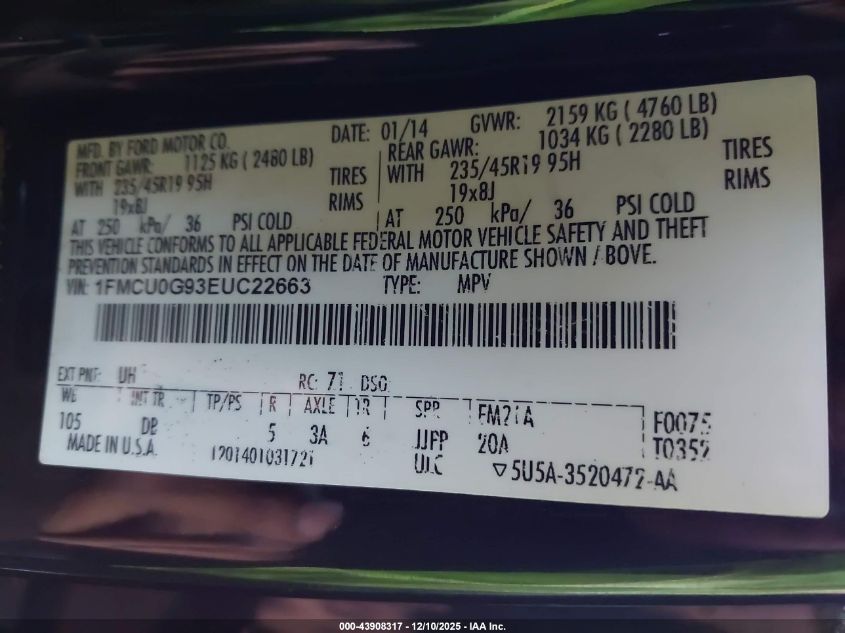 2014 Ford Escape Se VIN: 1FMCU0G93EUC22663 Lot: 43908317