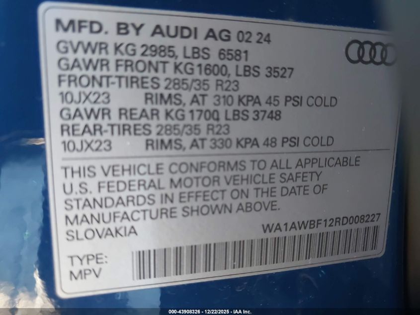 2024 Audi Sq8 Premium Plus 4.0 Tfsi Quattro VIN: WA1AWBF12RD008227 Lot: 43908326