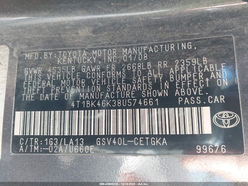2008 Toyota Camry Xle V6 VIN: 4T1BK46K38U574661 Lot: 43908338