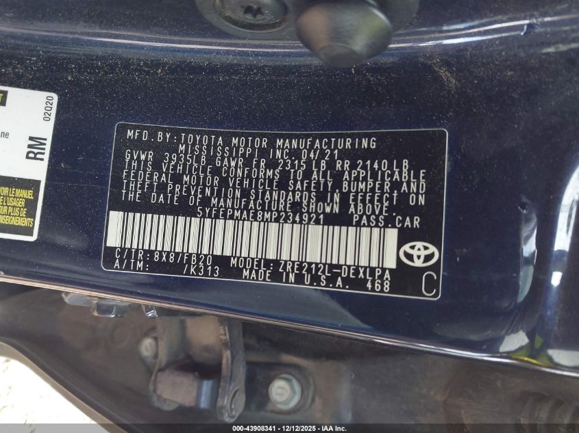 2021 Toyota Corolla Le VIN: 5YFEPMAE8MP234921 Lot: 43908341