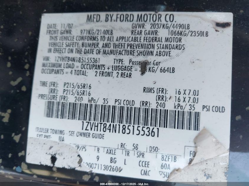 2008 Ford Mustang V6 Deluxe/V6 Premium VIN: 1ZVHT84N185155361 Lot: 43908358