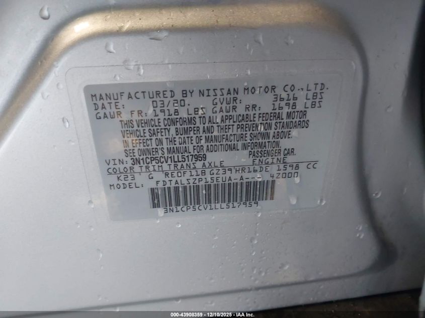 2020 Nissan Kicks Sv Xtronic Cvt VIN: 3N1CP5CV1LL517959 Lot: 43908359