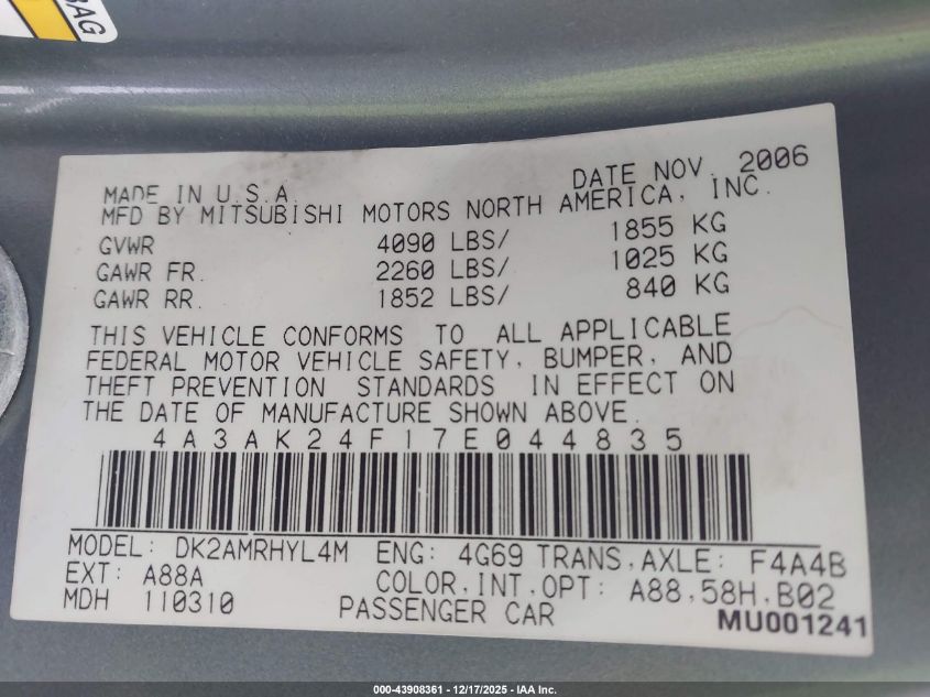 2007 Mitsubishi Eclipse Gs VIN: 4A3AK24F17E044835 Lot: 43908361