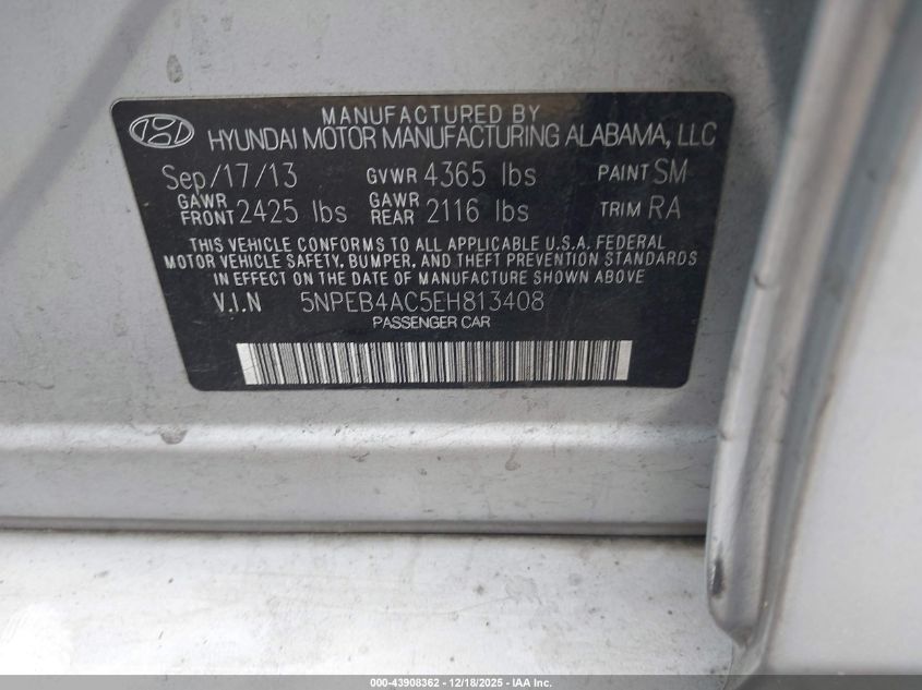 2014 Hyundai Sonata Gls VIN: 5NPEB4AC5EH813408 Lot: 43908362